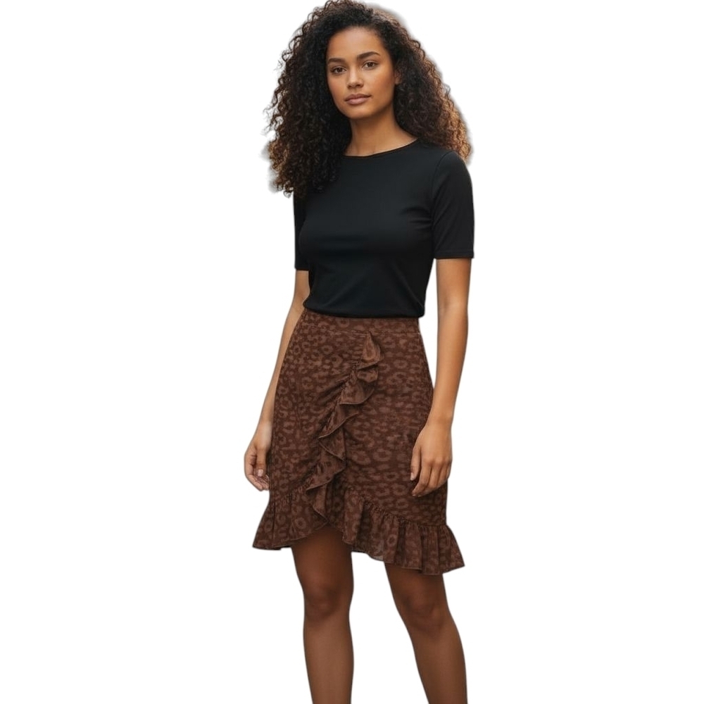 Zara Skirt Brown Ruffle Animal Leopard Print Pencil Back Zip Office Womens M